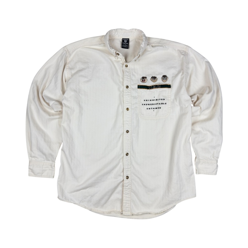 Vtg Warner Bros Tasmanian Devil Button Up‎ Shirt Men's Medium White Looney Tunes